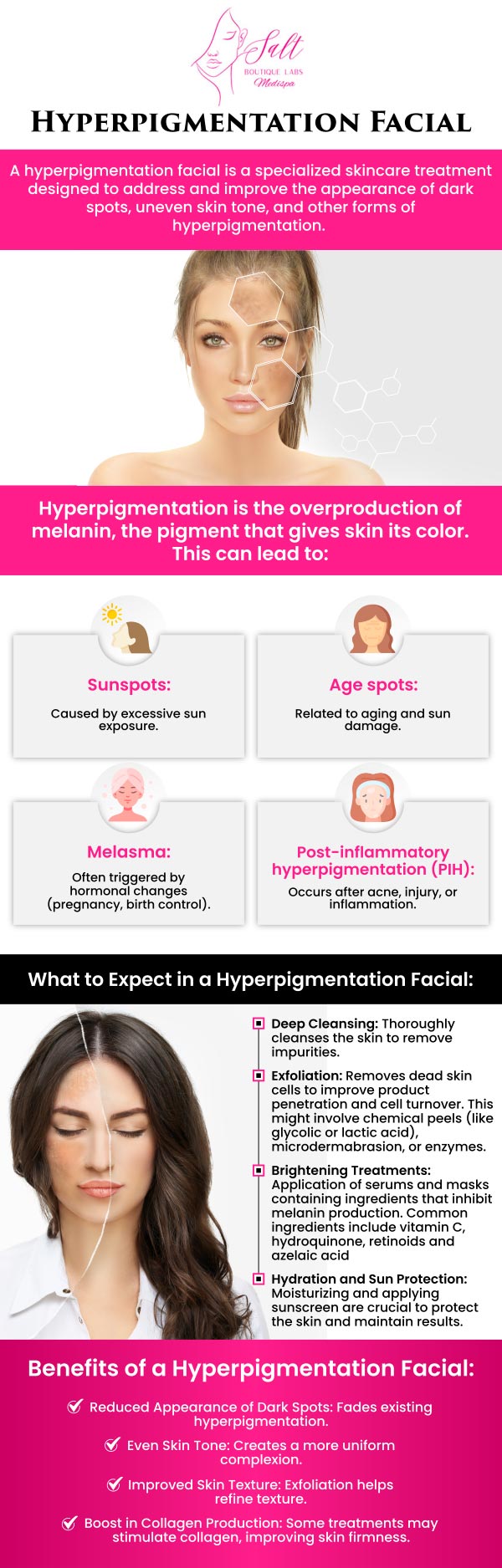 Common questions asked by clients: What is hyperpigmentation? What causes hyperpigmentation on the skin? How can I prevent hyperpigmentation? Can hyperpigmentation be treated? At Salt Boutique Labs, Dr. Reina Barrett-Baas, DNP, offer treatments for hyperpigmentation, addressing uneven skin tone and dark spots. Using advanced techniques and personalized care, Dr. Barrett-Baas provides effective solutions to help restore a clear, radiant complexion. For more information, contact us or request an appointment online. We are conveniently located at 70 East Main Street, Wappingers Falls, NY 12590