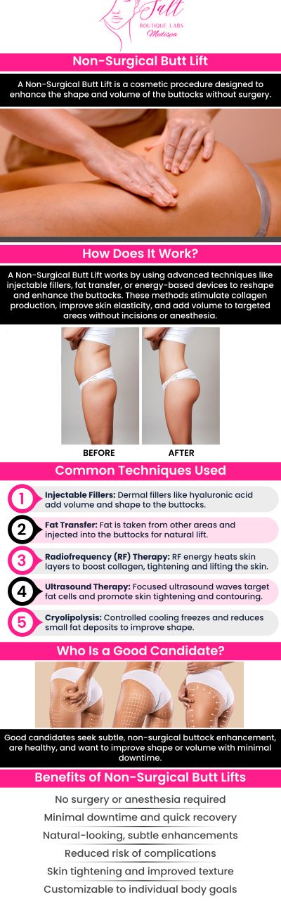 Common questions asked by clients: What are buttocks treatments and how do they work? Can non-surgical treatments enhance the shape of my buttocks? How long does it take to see results from buttocks treatments? Are there treatments available to lift and firm the buttocks? At Salt Boutique Labs, Dr. Reina Barrett-Baas, DNP, offers personalized buttocks treatments to enhance the shape, lift, and firmness of your buttocks. Using advanced, non-invasive techniques, Dr. Barrett-Baas helps you achieve a more contoured and youthful appearance, with minimal downtime and tailored solutions. For more information, contact us or request an appointment online. We are located at 70 East Main Street, Wappingers Falls, NY 12590.