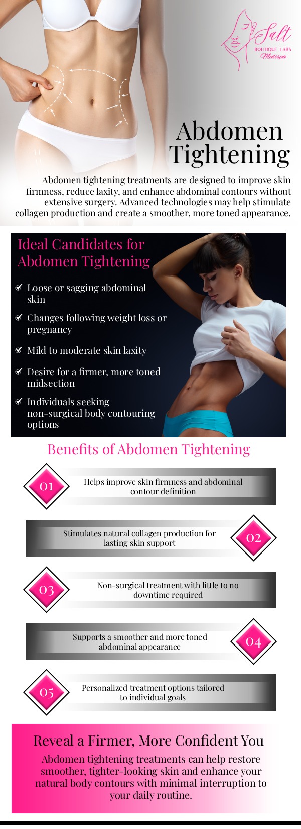 At Salt Boutique Labs, we specialize in advanced abdomen tightening procedures designed to help you achieve a firmer and more contoured appearance. Whether you're addressing skin laxity or looking to refine your abdominal contours, we provide safe and effective treatments that deliver noticeable results. Your comfort and satisfaction are our top priorities, and our team is here to guide you every step of the way. We are conveniently located at 70 East Main Street, Wappingers Falls, NY 12590. For more information, feel free to contact us or book an appointment today!