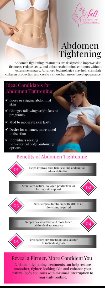 At Salt Boutique Labs Aesthetic and Wellness, we specialize in advanced abdomen-tightening procedures designed to help you achieve a firmer and more contoured appearance. Whether you're addressing skin laxity or looking to refine your abdominal contours, we provide safe and effective treatments that deliver noticeable results. Your comfort and satisfaction are our top priorities, and our team is here to guide you every step of the way. We are conveniently located at 70 East Main Street, Wappingers Falls, NY 12590. For more information, feel free to contact us or book an appointment today! At Salt Boutique Labs Aesthetic and Wellness, we specialize in advanced abdomen-tightening procedures designed to help you achieve a firmer and more contoured appearance. Whether you're addressing skin laxity or looking to refine your abdominal contours, we provide safe and effective treatments that deliver noticeable results. Your comfort and satisfaction are our top priorities, and our team is here to guide you every step of the way. We are conveniently located at 70 East Main Street, Wappingers Falls, NY 12590. For more information, feel free to contact us or book an appointment today!