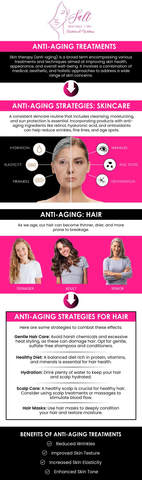 At Salt Boutique Labs Aesthetic and Wellness, Dr. Reina Barrett-Baas, DNP, and her skilled team offer advanced anti-aging treatments designed specifically for your individual needs. Utilizing innovative techniques, we target signs of aging such as fine lines, wrinkles, and skin laxity, providing personalized care with your comfort and results in mind. Dr. Barrett-Baas prioritizes safety, effectiveness, and natural-looking outcomes, helping you achieve smoother, younger-looking skin that enhances your appearance and confidence. For more information, feel free to contact us or book an appointment today! We are located at 70 East Main Street, Wappingers Falls, NY 12590.