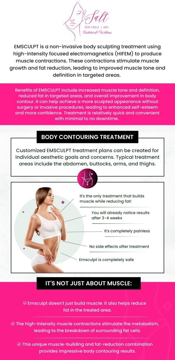 Emsculpt NEO at Salt Boutique Labs Aesthetic and Wellness, led by Dr. Reina Barrett-Baas, DNP, is an advanced, non-invasive body contouring treatment that combines high-intensity electromagnetic energy with radiofrequency to simultaneously build muscle and reduce fat. This innovative procedure helps clients achieve a toned and sculpted physique without surgery or downtime, offering personalized care in a comfortable setting. For more information, contact us or request an appointment online. We are located at 70 East Main Street, Wappingers Falls, NY 12590. Emsculpt NEO at Salt Boutique Labs Aesthetic and Wellness, led by Dr. Reina Barrett-Baas, DNP, is an advanced, non-invasive body contouring treatment that combines high-intensity electromagnetic energy with radiofrequency to simultaneously build muscle and reduce fat. This innovative procedure helps clients achieve a toned and sculpted physique without surgery or downtime, offering personalized care in a comfortable setting. For more information, contact us or request an appointment online. We are located at 70 East Main Street, Wappingers Falls, NY 12590.