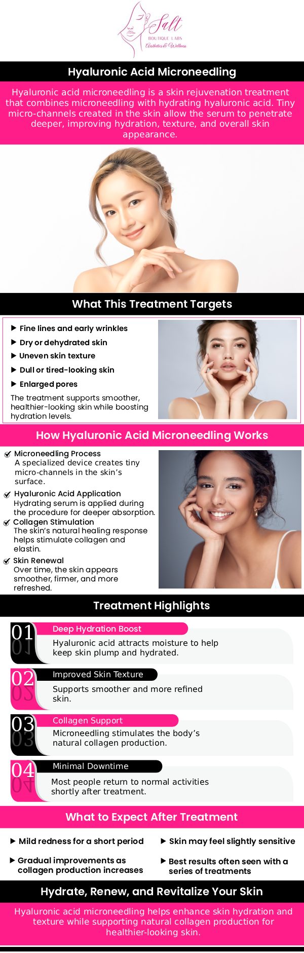 Common questions asked by clients: What is hyaluronic acid? How does hyaluronic acid benefit the skin? Can hyaluronic acid help with wrinkles and fine lines? How is hyaluronic acid used in skincare treatments? How can Dr. Reina Barrett-Baas improve my skin’s texture with hyaluronic acid microneedling? At Salt Boutique Labs Aesthetic and Wellness, Dr. Reina Barrett-Baas, DNP, offers treatments using hyaluronic acid to hydrate and rejuvenate the skin. This powerful ingredient helps reduce the appearance of fine lines, improve skin elasticity, and restore moisture, giving you a youthful, glowing complexion. For more information, contact us or request an appointment online. We are located at 70 East Main Street, Wappingers Falls, NY 12590. Common questions asked by clients: What is hyaluronic acid? How does hyaluronic acid benefit the skin? Can hyaluronic acid help with wrinkles and fine lines? How is hyaluronic acid used in skincare treatments? How can Dr. Reina Barrett-Baas improve my skin’s texture with hyaluronic acid microneedling? At Salt Boutique Labs Aesthetic and Wellness, Dr. Reina Barrett-Baas, DNP, offers treatments using hyaluronic acid to hydrate and rejuvenate the skin. This powerful ingredient helps reduce the appearance of fine lines, improve skin elasticity, and restore moisture, giving you a youthful, glowing complexion. For more information, contact us or request an appointment online. We are located at 70 East Main Street, Wappingers Falls, NY 12590.