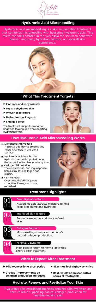 Common questions asked by clients: What is hyaluronic acid? How does hyaluronic acid benefit the skin? Can hyaluronic acid help with wrinkles and fine lines? How is hyaluronic acid used in skincare treatments? How can Dr. Reina Barrett-Baas improve my skin’s texture with hyaluronic acid microneedling? At Salt Boutique Labs Aesthetic and Wellness, Dr. Reina Barrett-Baas, DNP, offers treatments using hyaluronic acid to hydrate and rejuvenate the skin. This powerful ingredient helps reduce the appearance of fine lines, improve skin elasticity, and restore moisture, giving you a youthful, glowing complexion. For more information, contact us or request an appointment online. We are located at 70 East Main Street, Wappingers Falls, NY 12590. Common questions asked by clients: What is hyaluronic acid? How does hyaluronic acid benefit the skin? Can hyaluronic acid help with wrinkles and fine lines? How is hyaluronic acid used in skincare treatments? How can Dr. Reina Barrett-Baas improve my skin’s texture with hyaluronic acid microneedling? At Salt Boutique Labs Aesthetic and Wellness, Dr. Reina Barrett-Baas, DNP, offers treatments using hyaluronic acid to hydrate and rejuvenate the skin. This powerful ingredient helps reduce the appearance of fine lines, improve skin elasticity, and restore moisture, giving you a youthful, glowing complexion. For more information, contact us or request an appointment online. We are located at 70 East Main Street, Wappingers Falls, NY 12590.